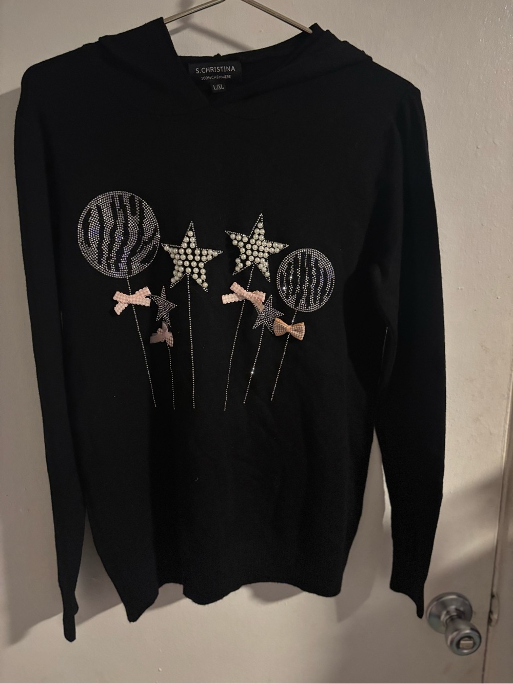 S Christina 100% Cashmere Hooded Sweater L XL Black Pearl Rhinestone 
(1243)